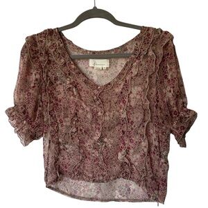 Anthropologie Floral Beige Purple Chiffon Ruffle Voile Crop Top Size Small